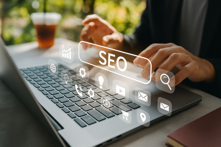 A person typing on a laptop with floating digital icons representing SEO, analytics, and website tools, symbolizing online presence and digital marketing.